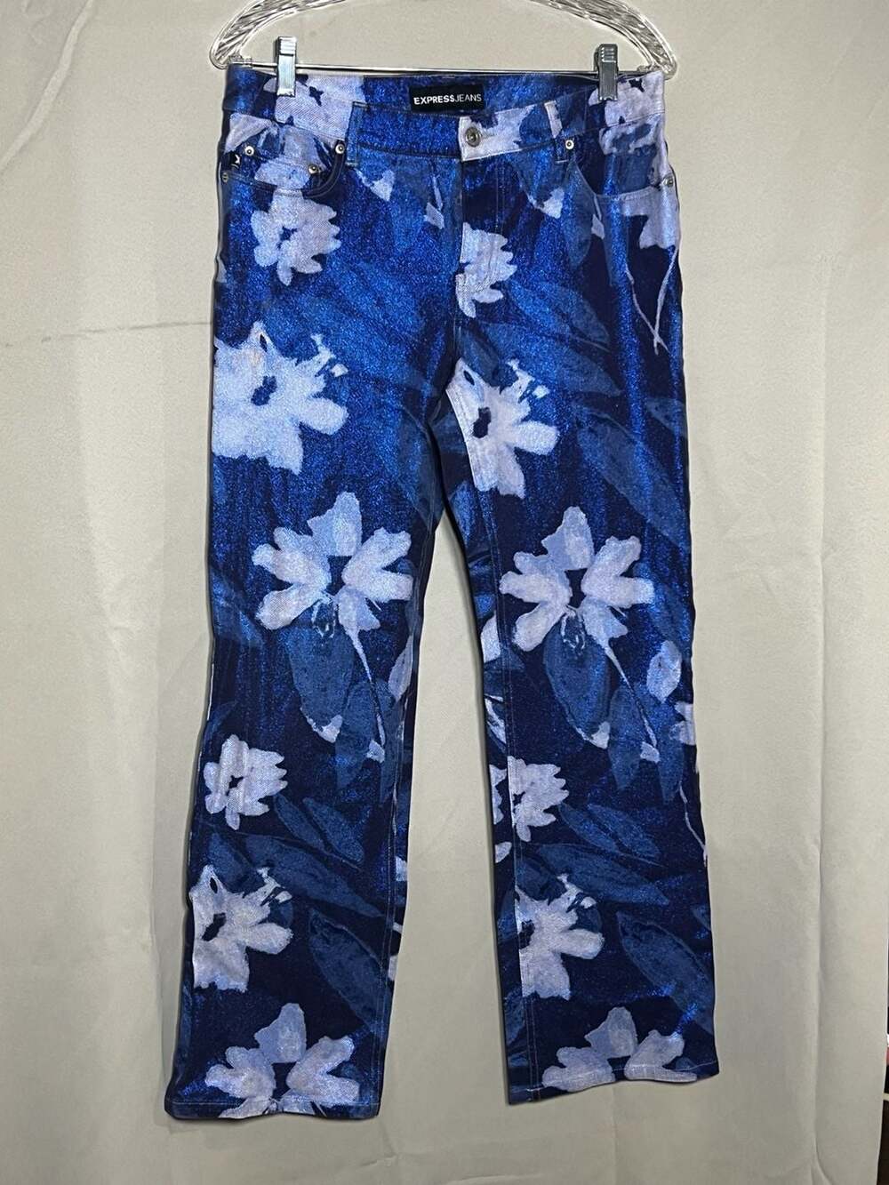 Express Jeans Floral Pants Size 9/10 Blue Glitter Vintage Y2k